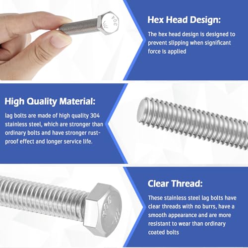 Image of Zonon 50 Pcs 3 /8-16 x 2-1 /2 inch Hex Head Screw Bolt 18-8 (304) Stainless Steel Hexagon Bolts, Fully Threaded, Plain Finish, External Hex Drive (Silver)