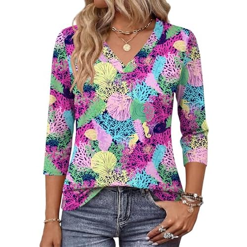 AKEWEI 3/4 Length Sleeve Womens Tops V Neck T Shirts Dressy Casual Pleated Spring Fashion 2026 Work Blouses