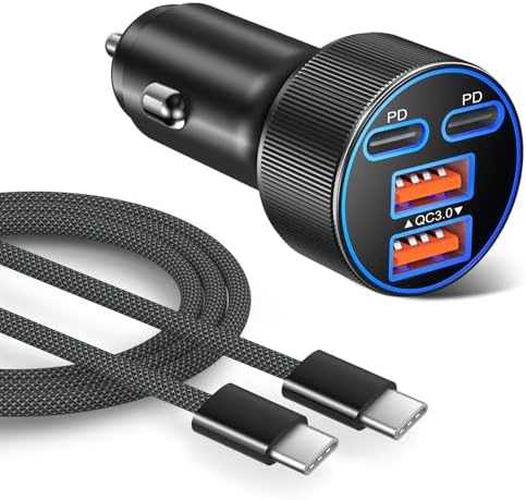 Super Fast Type C Car Charger, Besgoods Dual 45W USB C 4-Port Cigarette Lighter Adapter Compatible with Galaxy S26 S25 Ultra FE S24 S22 iPhone 17 16 15 Pro Max, with 6ft Braided USB C to C Cable