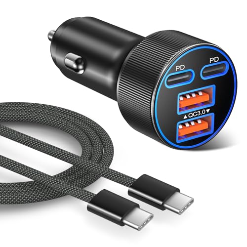 Super Fast Type C Car Charger, Besgoods Dual 45W USB C 4-Port Cigarette Lighter Adapter Compatible with Galaxy S26 S25 Ultra FE S24 S22 iPhone 18 17 16 15 Pro Max, with 6ft Braided USB C to C Cable