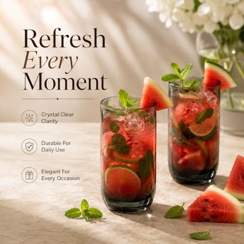 Image of bellemax 250 ML Premium Juice Glasses Drinking Glasses,Highball Lead-Free Glasses,Tumblers for Water,Juice,Beer,Cocktail and Mixed Drinks - 6 Pieces,Transparent (BM- 15)