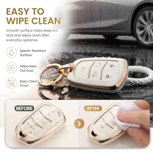 Image of Key Fob Cover for Cadillac, White Braided Loop Keychain, Gold Edge