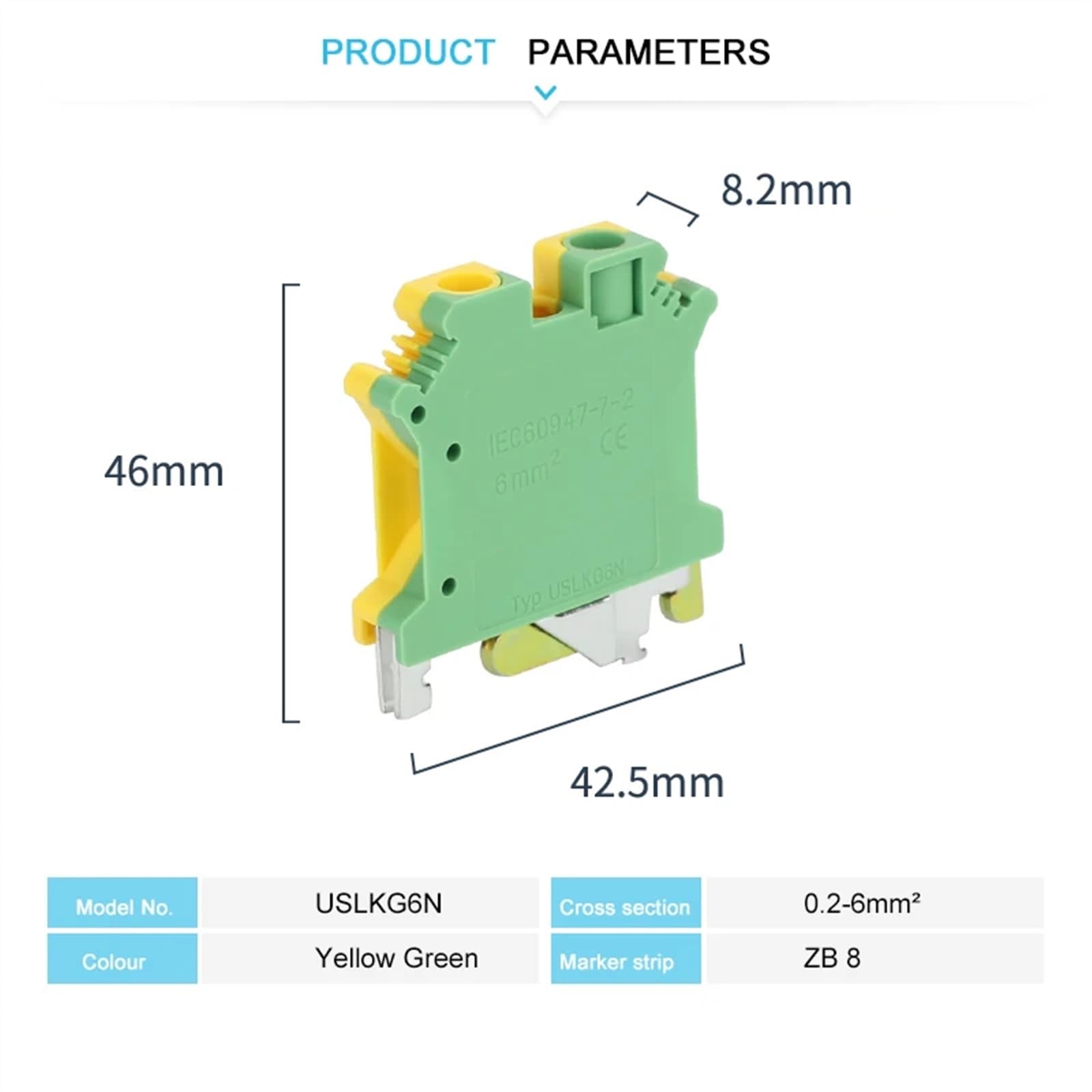 USLKG 6N bornier de Rail Din à vis modulaire de terre 6 mm² connecteur électrique de fil de terre de protection USLKG6N(10 Pcs)