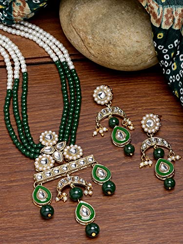 Image of Karatcart Red & Green Beaded Long Kundan Rani Haar Necklace Set for Women