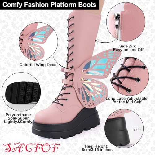 Women Platform Punk Goth Mid Calf Boots Butterfly Wings Chunky Wedge Heel Knee High Party Boots Motorcycle Combat Booties2