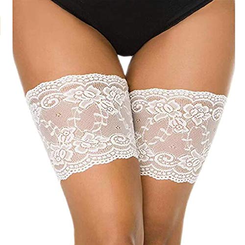 QueenDer Bandeaux de Cuisse Contre Anti Frottement Femme Bande Elastique Silicone Dentelle Socks (blanc, B 47-55cm)