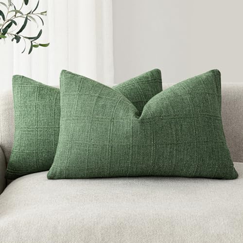 Image of Foindtower Set of 2 Decorative Linen Check Throw Pillow Covers Neutral Farmhouse Lumbar Cushion Covers Modern Boho Accent Home Decor for Sofa Chair Couch Bedroom Living Room,12x20 Inch,Forest Green