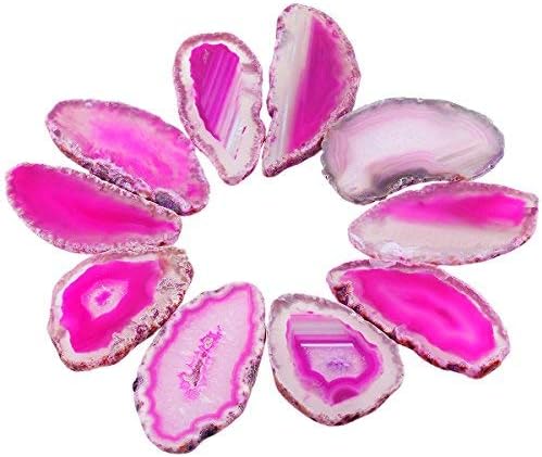 Shanxing Undrilled Pink Agate Slices Geode Irregular Stone Healing Crystal for Wedding Place Cards Reiki Desk Decor, Set of 10, Each 1.8-3.1inch/45-80mm Long