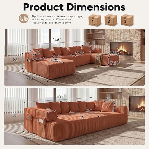 Image of Oversized Cloud Boneless Couch with Chaise, 146 inch Modern U Shape Modular Deep Seat Sectional Sofa, Comfy Corduroy Upholstered Couches for Living Room, No Assembly Required-Burnt Orange