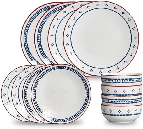 12-Piece Stoneware Dinnerware Set for 4, Geometric Vintage Plates & Bowls, Scratch-resistant Dishwasher & Microwave Safe Dishware, Modern Tableware Service for Everyday Use or Entertaining
