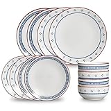 JODEVI 12-Piece Stoneware Dinnerware Set for 4, Geometric Vintage Plates & Bowls, Scratch-resistant Dishwasher & Microwave Safe Dishware, Modern Tableware Service for Everyday Use or Entertaining