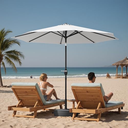 Image of Greesum Outdoor Patio Umbrella with Base, Table Umbrella with 8 Sturdy Ribs, Push Button Tilt and Crank, Market Table Parasol for Garden, Lawn, Backyard & Pool, White