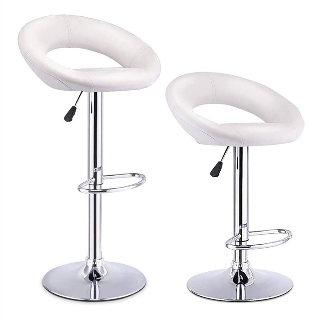 PU Swivel Adjustable Height Hydraulic Bar Stool Dining Chairs with Backrest 360° Upholstered Seat Assembled Home Office Living Room (White, 2)