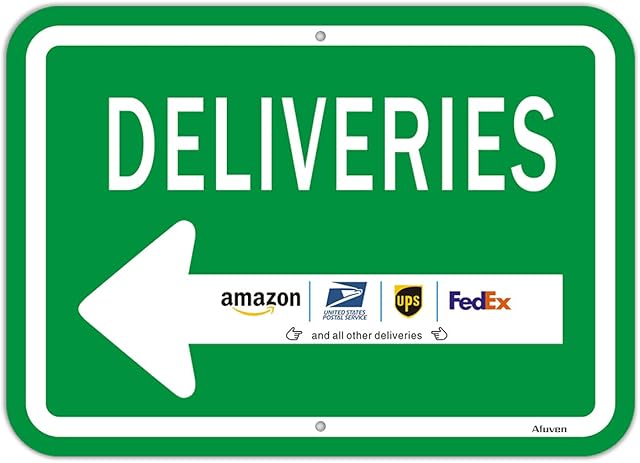 Deliveries with Left Arrow Sign 35x25cm Package Delivery Instructions for FedEx Amazon Ups USPS Sign Metal Reflective Rust Aluminum, UV Protected Waterproof Outdoor Use Fade-Resistant