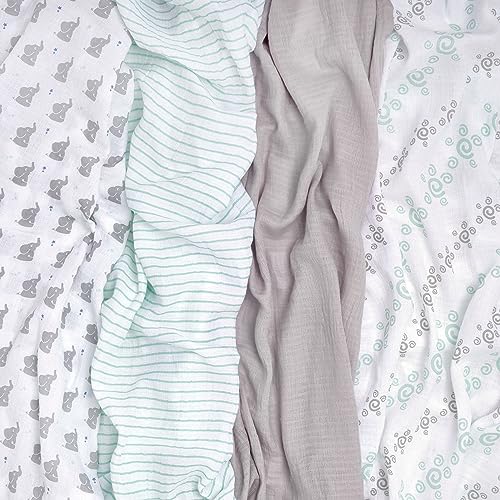 Image of aden + anais Essentials Muslin Swaddle Blankets for Baby Girls and Boys, Newborn Receiving Blanket for Swaddling, 100% Cotton Baby Swaddle Wrap, 4 Pack, Baby Star-Elephants