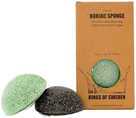 Konjac Sponge Bamboo Charcoal and Aloe Vera (Pack of 2) from Kings of Sweden - Facial cleansing sponges - 100% natural, vegan, sustainable and fully biodegradable!