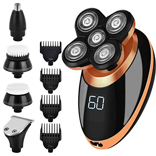 Electric Shaver for Men, 5 in 1 Waterproof Rotary Razor, Wet or Dry Shaver for Bald Head, Beard Grooming, Rechargeable LED Grooming Kit with Hair Clipper, Nose Hair Trimmer, Facial Cleaning Brush
