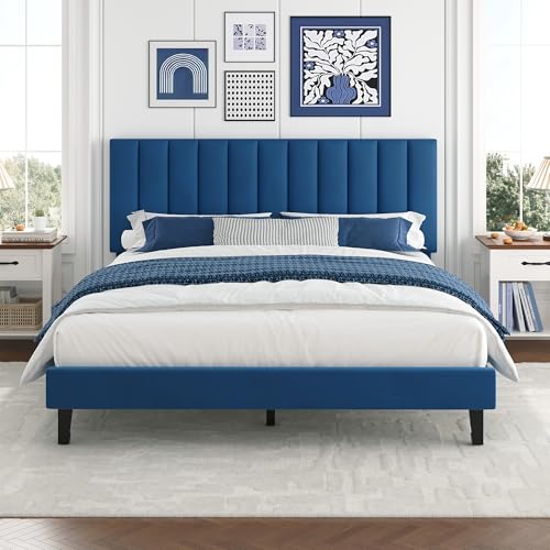 Garvee Queen Size Bed Frame, Velvet Upholstered Platform Bed with Adjustable Tufted Headboard, No Box Spring Needed, Easy Assembly, Navy Blue, Navy Bl