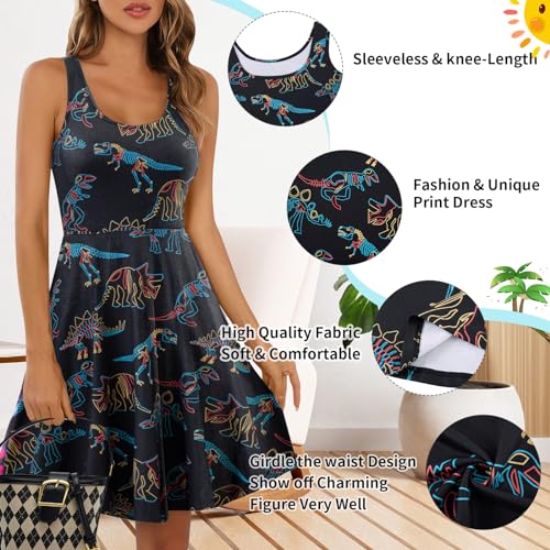 Image of uideazone Women Funny Print Sleeveless U Neck A Line Casual Midi Dress | Soft Stretchy Breathable Fabric Flared Swing Sundress Fitted Waist for Daily Wear 80 /90s Themed Party Beach Vacation Trips