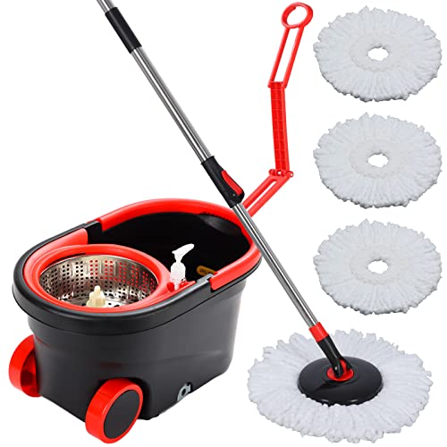 Spin Mop and Bucket with Wringer Set on Wheels 360 Spinning Mop Bucket System with 3 Microfiber Mop Replacement Heads and 61 Stainless Steel Adjustable Handle for Floor Cleaning (25QT)