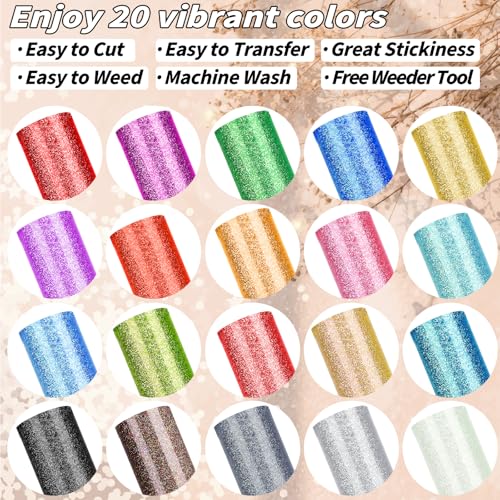 Image of 20 Pack Glitter HTV Vinyl 12 inch x 5FT Heat Transfer Iron On Vinyl Bundle