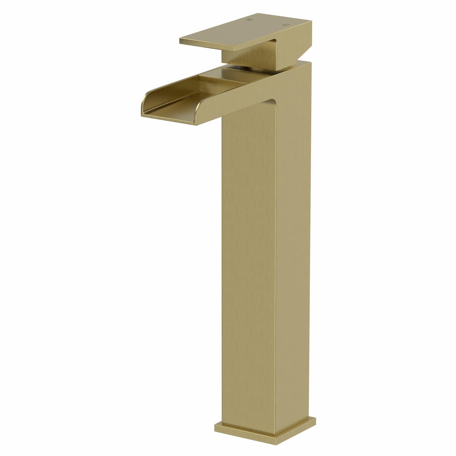 Architeckt Brushed Brass Architeckt® Dakota Bathroom High Rise Waterfall Basin Sink Mixer Tap For Countertop Modern Mono Square Single Lever Handle Faucet For Sinks,