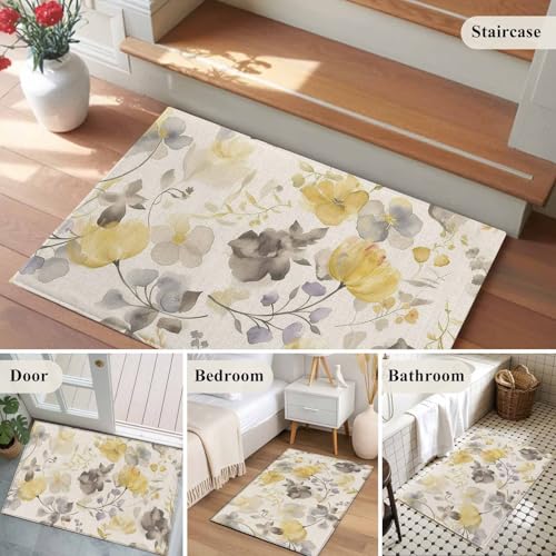 Tapete decorativo floral amarillo gris 2x3 lavable miniatura 7