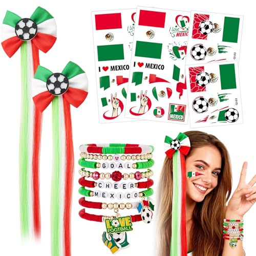 Ksheria 2026 Soccer BRAZIL Adult Supporter Kit 7PCS National Team Fan Accessories with Wig Hair Clip Bracelets & Patriotic Face Decals for Stadium Events & Game Day (MEXICO)