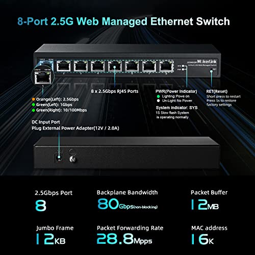 Image of MokerLink 8 Port 2.5G Ethernet Managed Switch, 8 x 2.5GBASE-T Ports, Compatible with 10 /100 /1000Mbps, L2 Web Managed Fanless Network Switch