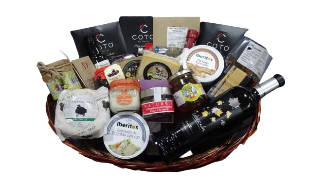 Cesta de Regalo para Empresas con Queso Artesano de Oveja, Paleta de Bellota, Vino Tinto Viña Puebla, Bombones de Higo con Chocolate Blanco – Corazón Extremeño