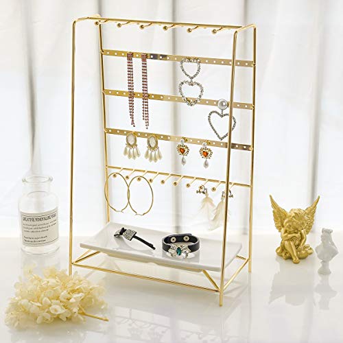 Morigem Jewelry Organizer, 5 Tier Jewelry Stand, Decorative Jewelry Holder Display With White Tray For Necklaces, Bracelets, Earrings & Rings, Gold #TOP1