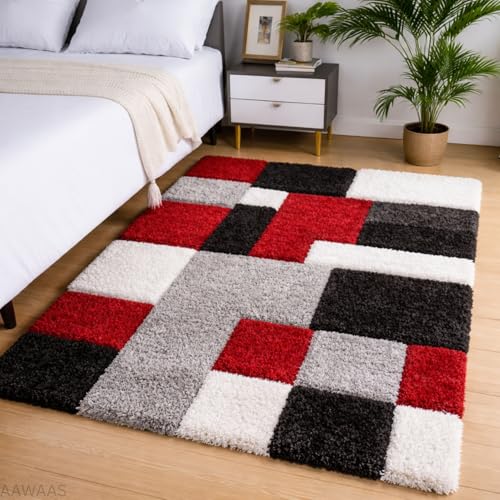 Image of 3D Shaggy Polyester Carpet Rug Runner Area Mats for Bedroom /Living Area /Home with Anti Slip Backing Soft /Fluffy Hight Pile - (3D Red B, 4x6 feet)