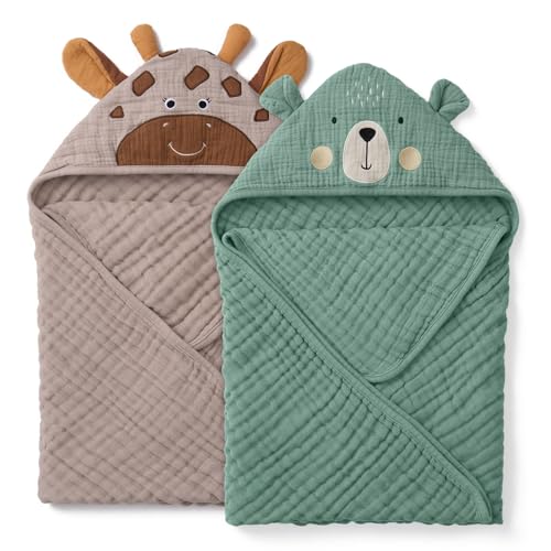 Image of Blissful Diary Muslin Baby Hooded Towel 2 Pack, Soft & Absorbent Bath Towel for Infant, Toddler, Unisex, Baby Gift, Newborn Essentials, Bear & Giraffe