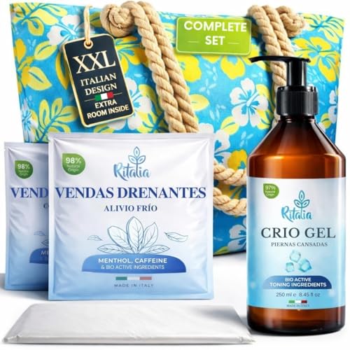 Vendajes drenantes para piernas + crema de 250 ml para capilares rotos con bolsa de playa Ritalia® – Tratamiento drenante y relajante para piernas con efecto frío.