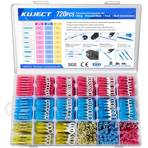 Image of Kuject 720PCS Heat Shrink Wire Connectors Kit, Electrical Waterproof Crimp Butt Terminals, Insulated Spade Connectors for Automotive Marine Boat Truck, Include Rings Forks Spade Butt Splices