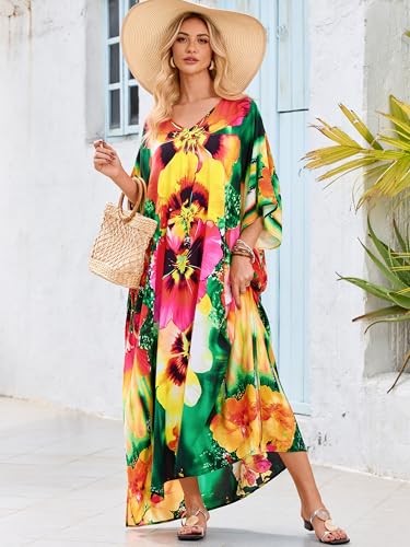 Image of Moss Rose Kaftan Dresses for Women V Neck Summer Swimsuit Cover up Caftan Maxi Beach Dresses