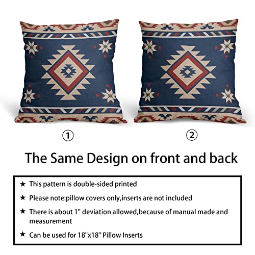Vintage Southwest Pillow Covers 18X18 Inch Navy Blue Native American Throw Pillow Case For Couch Set Of 2 Geometric Pillow Cover Cotton Linen Cushion Cover Square For Home Sofa Bedroom #TOP3
