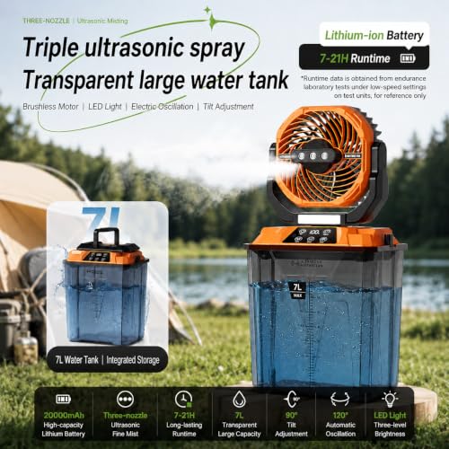 Image of Portable Misting Fan for Patio, Outdoor Cooling Fan, 7L Water Tank, 20000mAh Battery, Remote Control, 1-12H Timer, 90 Oscillation, 5 Speeds & 4 Mist Levels, Camping, Beach, Fishing