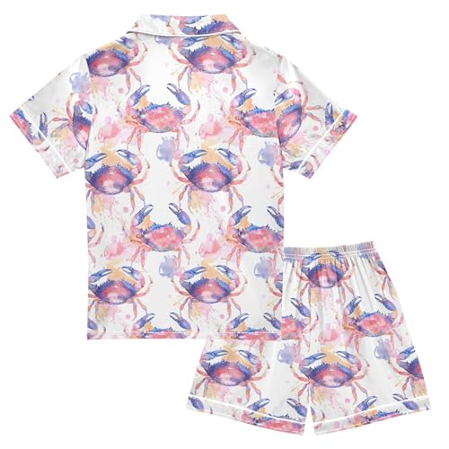 Watercolor Pink Crab Summer Satin Pajama Set, Cute Button-Down Sleepwear Pj Set for Sleep Wears2