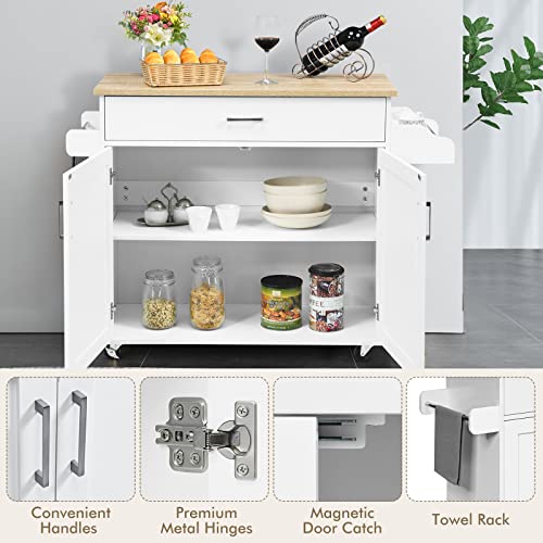 Costway Kitchen Island Cart, Rolling Storage Trolley Cart With Lockable Rubber Wheels, Large Cabinet, Drawer, Spice Rack And Towel Rack, Kitchen Serving Utility, 3-Position Adjustable Shelf (White) #TOP5