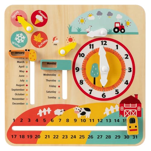 COSTWAY Kids Calendar Clock, Wooden Montessori Educational Learning Toy with Clock, Seasons, Weathers, Days, Weeks and Months, Preschool Interactive Learning Board Gift for Boys Girls Aged 3+