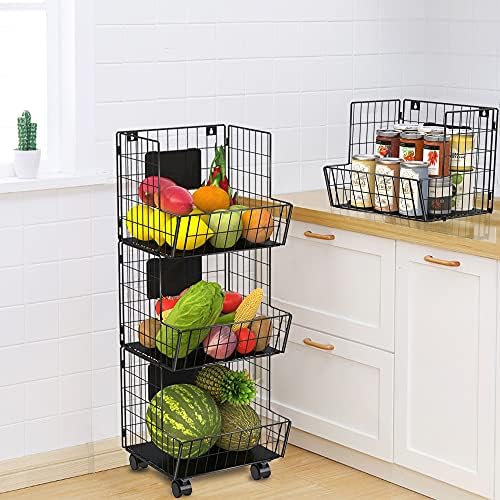 3 Tier Fruit Vegetable Baskets with Wheel, Removable Chalkboards, Hanging Kitchen Metal Wire Storage Basket, Multi-purpose Storage Organizer Carts for Kitchen, Pantry Closet, Bedroom, Bathroom, Black