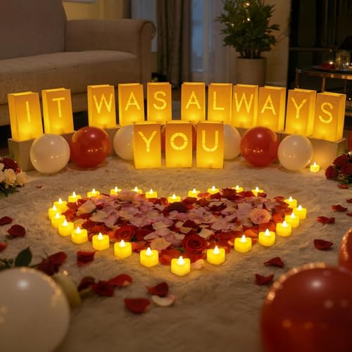 Valentines Day Decorations - It was Always You Light Up Letters Luminary Bags, Romantic Decorations Special Night with Bright LED Candles and Fake Rose Petals, Engagement Party & Proposal Decor kit