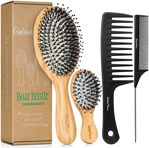 Liphontcta Boar Bristle Hair Brush Set for Women Curly Hair - Wet or Dry Bamboo Brush and Comb Set for Men, Wooden Paddle Detangling Brush for Thick Hair Reducing Frizzy
