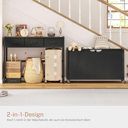 FIONESO Wäschekorb 4 Fächer, 300 L Wäschesammler mit 3 Schubladen, Wäschekorb mit Rollen & Ausziehbare Taschen, Wäschewagen für Waschraum, Badezimmer, Eingangsbereich - ENZYL007F