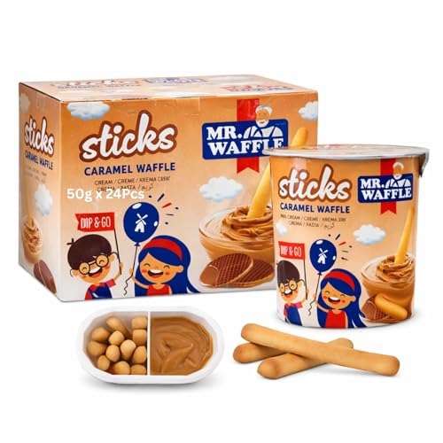 Waffle Sticks Caramel Waffle Snack – 50g x 24Pcs – Dip & Go Crunchy Wafer Sticks with Creamy Caramel Dip – Fun Snack for Kids & Adults – Portable Snack Cup