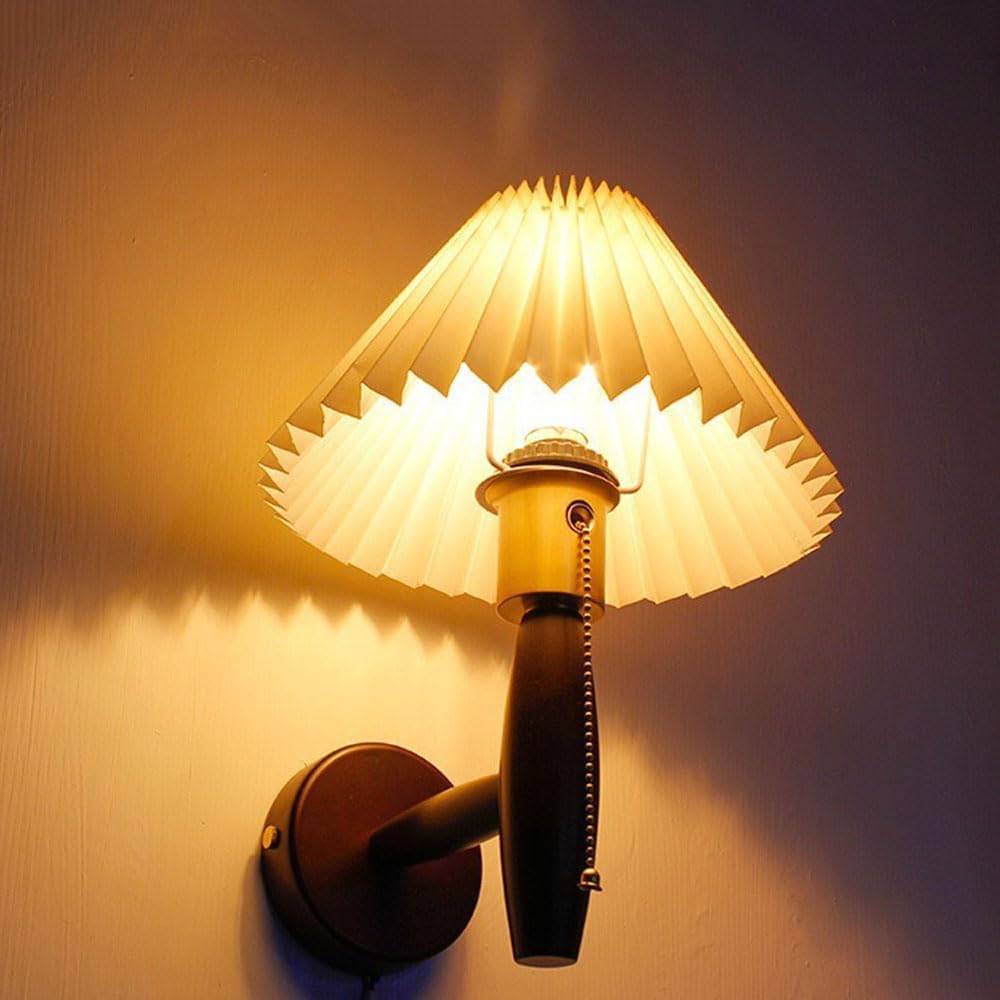 Modern Wall Light for Bedroom Mid Century Vintage Lighting Fixture Bedside Light with Pull Switch Walnut Wall Sconce Light White Pleated Plastics Shade Wall Mounted Lamp for Hallways