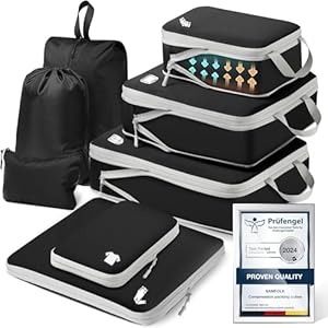 Samfolk Compression Packing Cubes for Suitcases Packing Cubes Compression Set Waterproof Suitcase Organiser Bags for Travel Suitcase Luggage Packing Organizer Bags Travel Essentials Black 8 Set