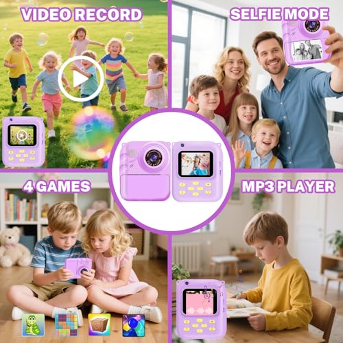 Image of Instant Print Camera for Kids, 1080P Video Camera with 3 Print Rolls | 32GB Card & Cute Cover, Gift for Girls Boys Age 3-12, Toddler Digital Camera with Games, Filters, Music - Purple