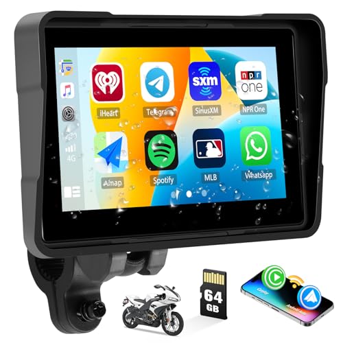 Portable Apple Carplay Screen for Motorcycle,5 Inch Portable Radio Motorcycle with Wireless Apple Carplay Android Auto,Airplay Android cast Dual Bluetooth/FM AUX,USB+64GB Card